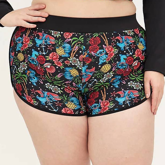 New Torrid 6 (6X 30) Disney Lilo and Stitch Dolphin Hem Tattoo Print Swim Shorts - Picture 2 of 3